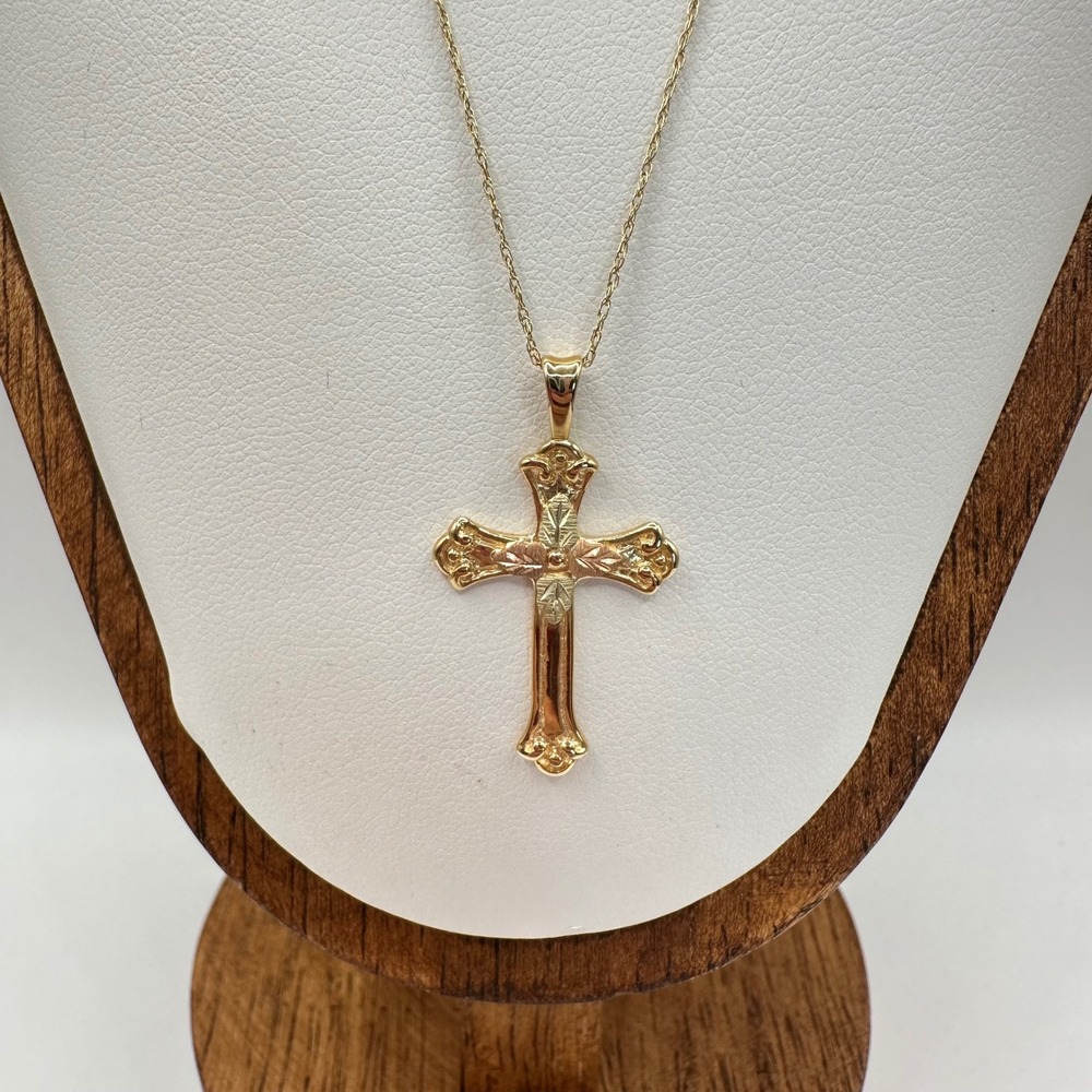 10k Black Hills Gold Cross Pendant Necklace Tri-Color Leaf Crucifix